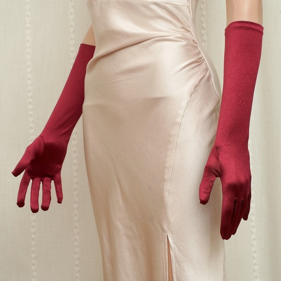 Burgundy Satin Cocktail Length Gloves (just under elbow 8BL) Formal Wedding Gala - Picture 4 of 4